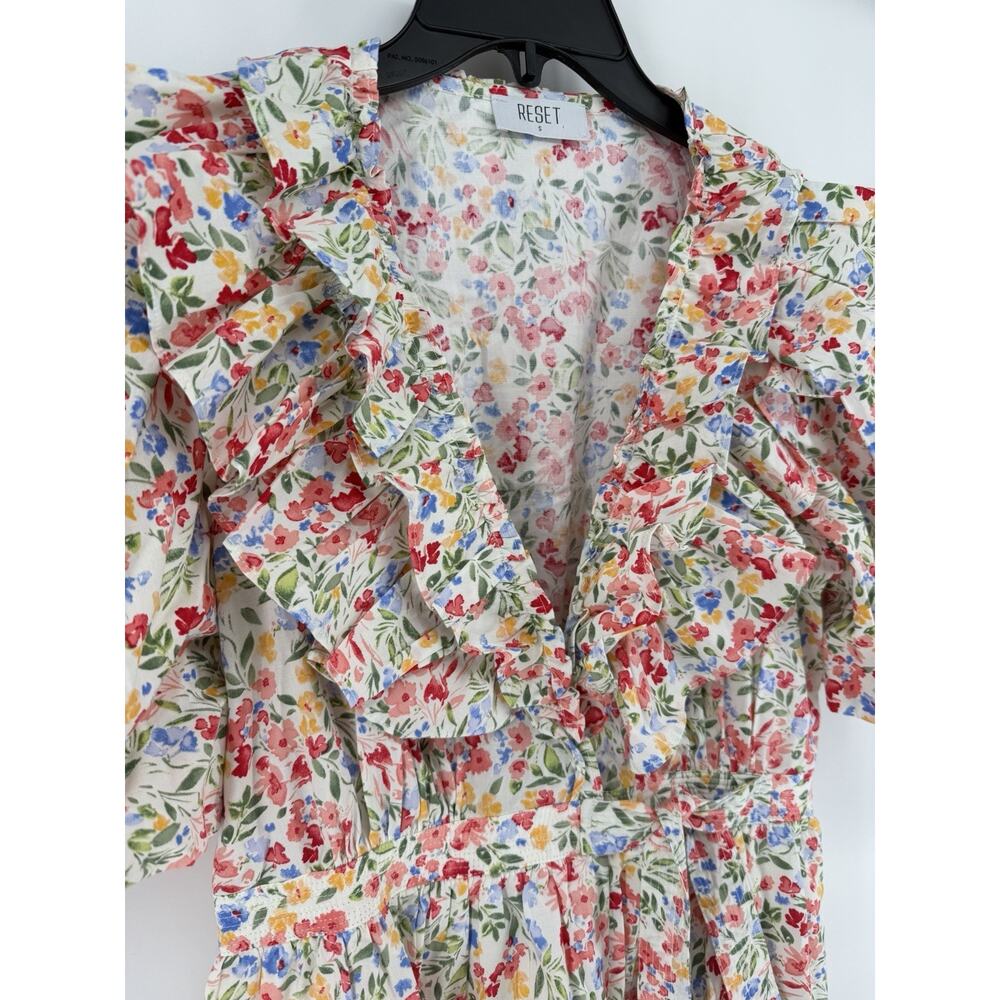 RESET Floral Print Mini Wrap Dress Womens Large White Puff Sleeve Lined - Picture 3 of 13